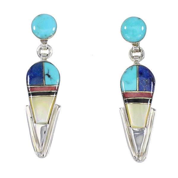 Multicolor Inlay Southwestern Authentic Sterling Silver Post Dangle Earrings AX95372
